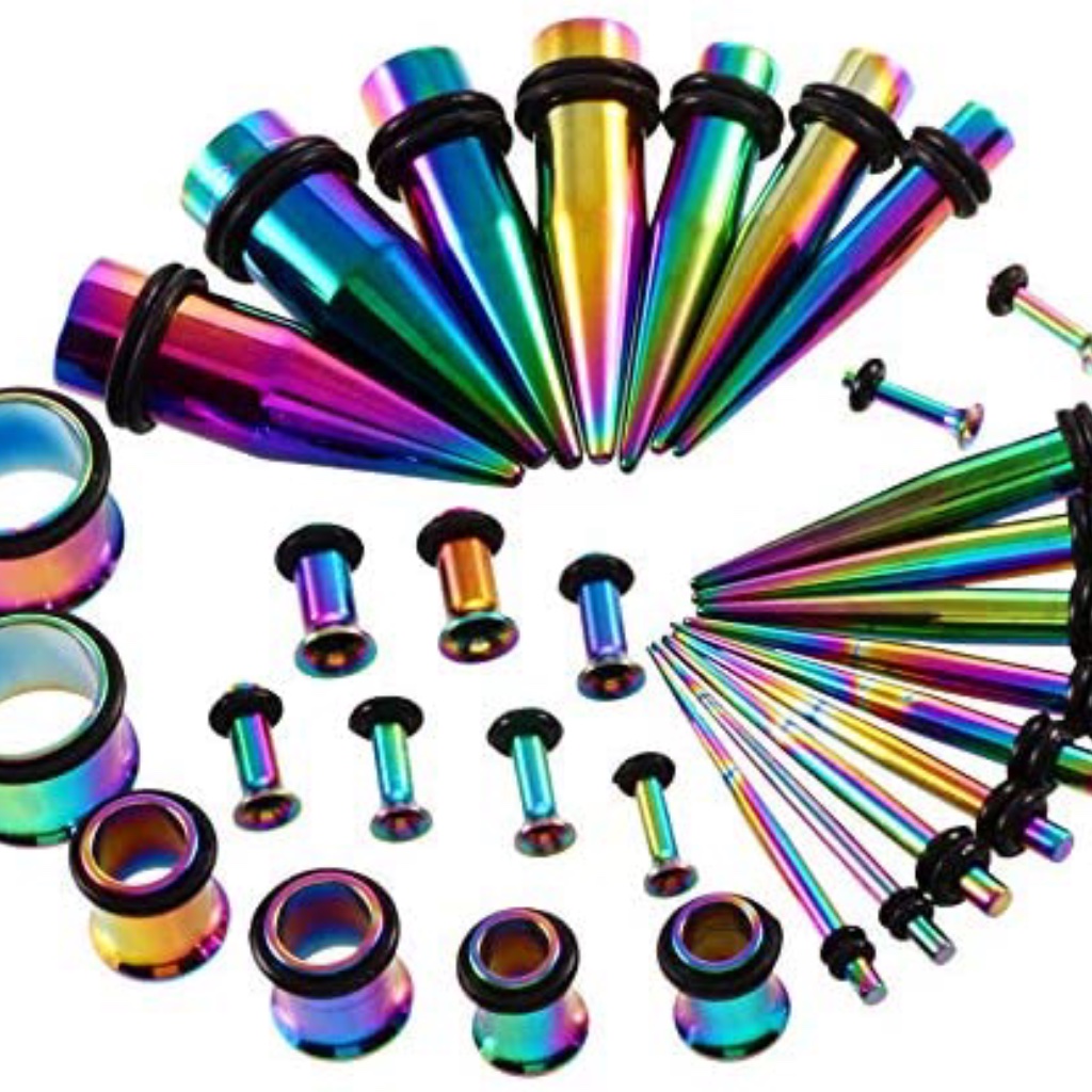 New Gauge Earrings Rainbow Steel 2 Tapers 2 Plugs